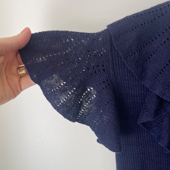 Navy Blue Knit Top with Pointelle Ruffles - Picture 4 of 9